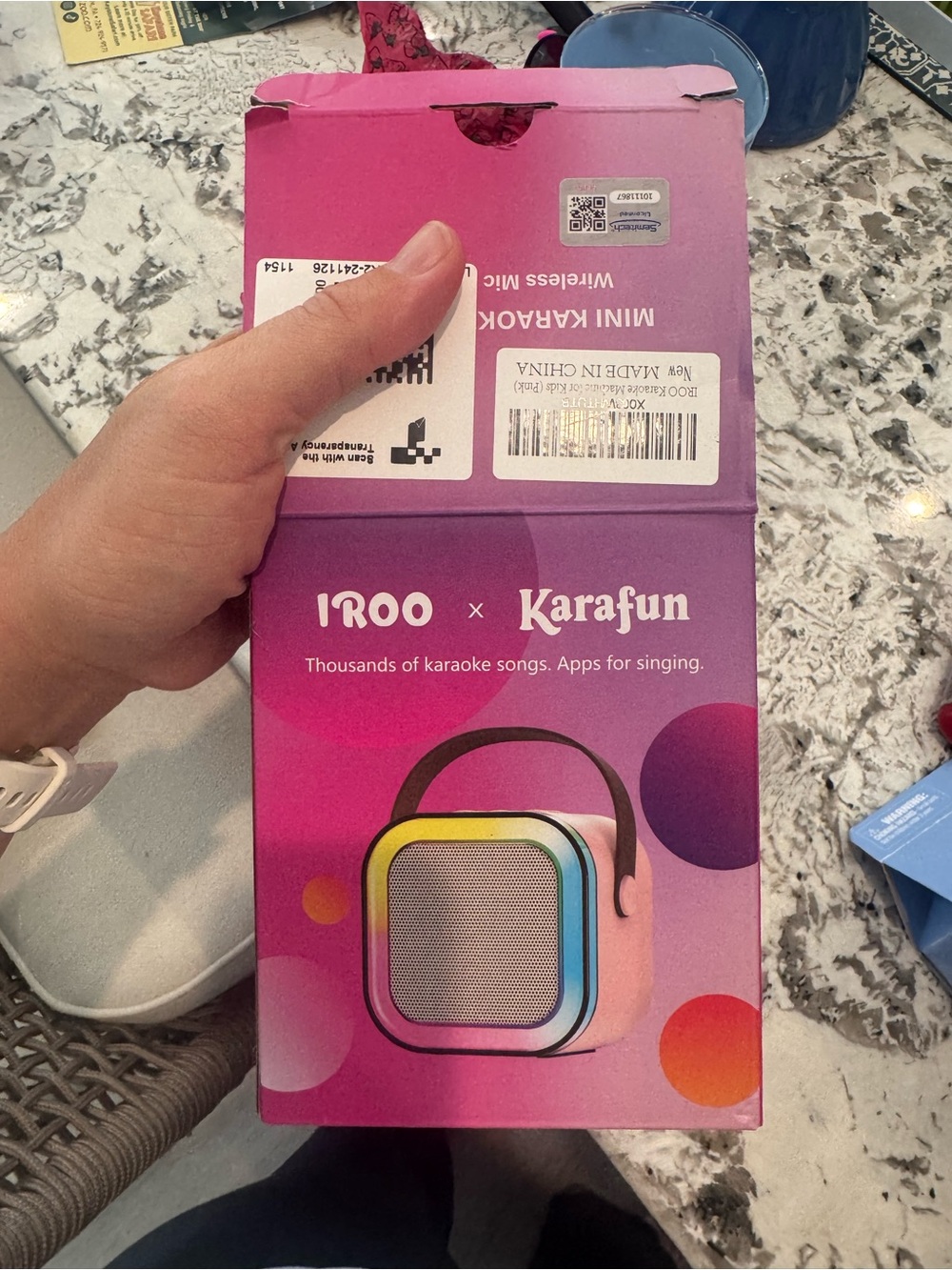 Amazon IROO x Karafun Mini Karaoke Speaker Pink with Yellow and Blue Accents